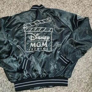 Disney Vtg 80s Sz XL MGM Studios Black Satin Bomber Jacket Embroidered Silver